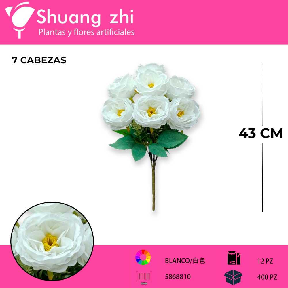 RAMO FLOR PEONIA BLANCO 7 CABEZAS 43CM