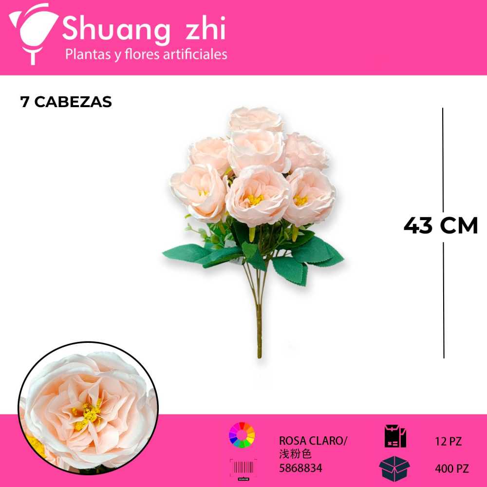 RAMO FLOR PEONIA ROSA 43 CM 7 CABEZAS
