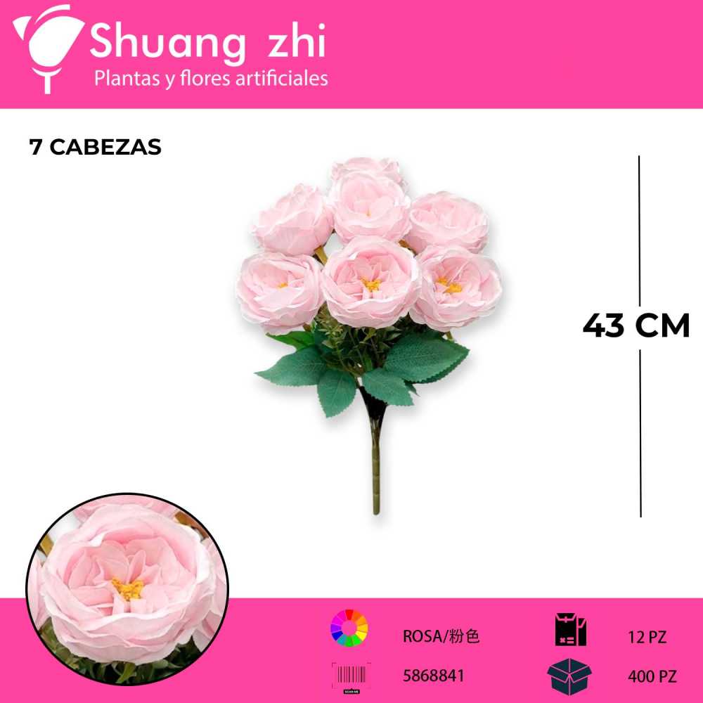 RAMO FLOR PEONIA ROSA CLARO 43CM 7 CABEZAS