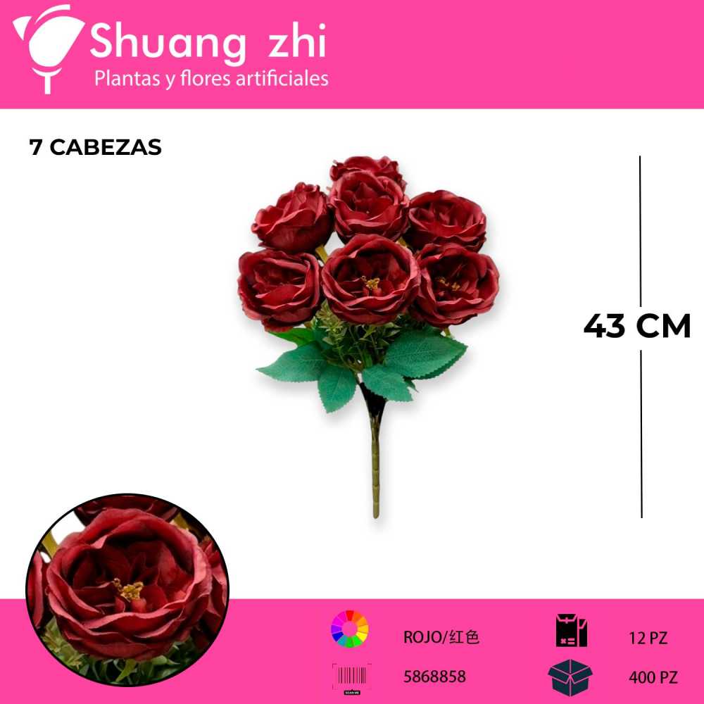 RAMO FLOR PEONIA ROJO 43 CM 7 CABEZAS
