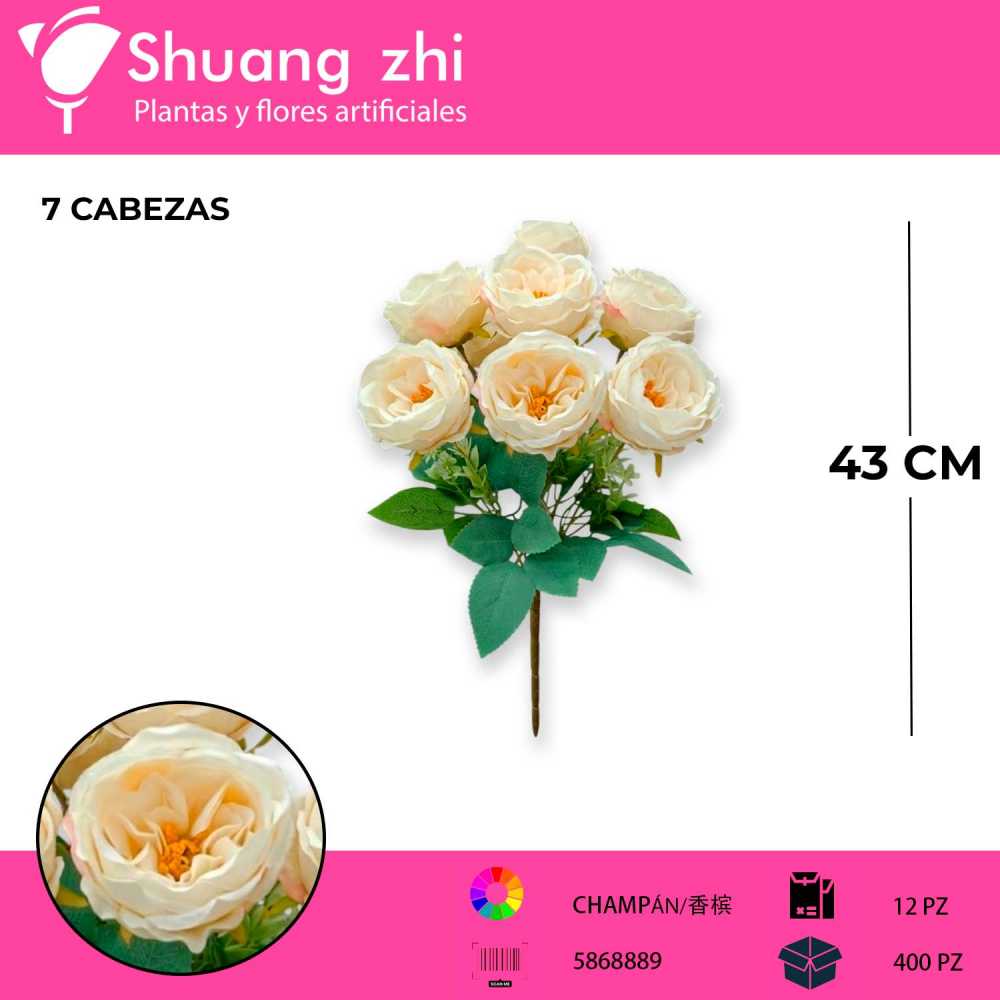 RAMO FLOR PEONIA CHAMPAN 43CM 7 CABEZAS