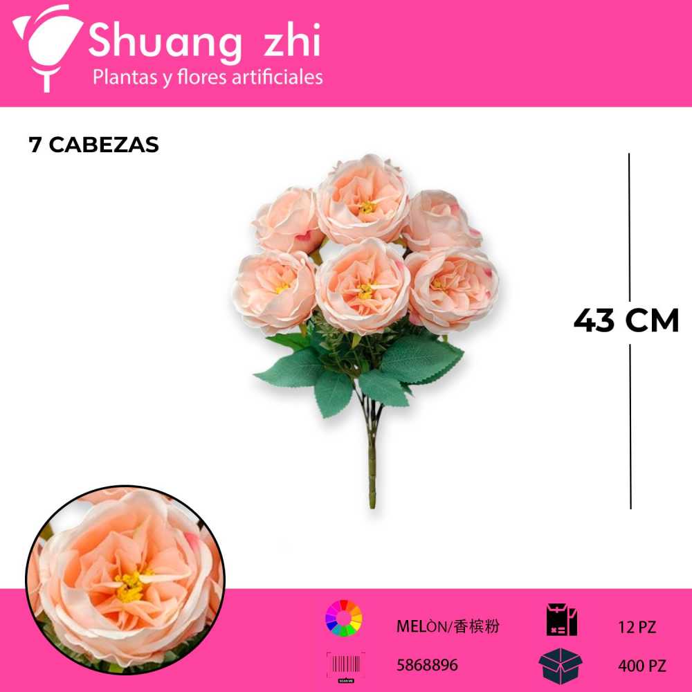 RAMO FLOR PEONIA ROSA MEDIO 43 CM 7 CABEZAS