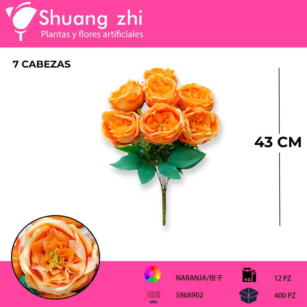 RAMO FLOR PEONIA NARANJA OSCURO 7 CABEZAS 43CM