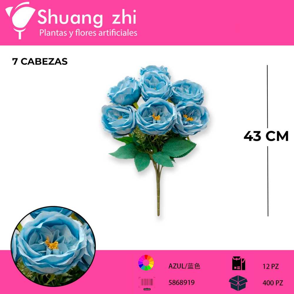 RAMO FLOR PEONIA AZUL OSCURO 43 CM 7 CABEZAS