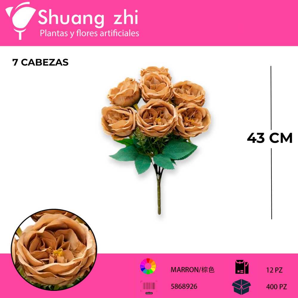 RAMO FLOR PEONIA CAFE 7 CABEZAS 43 CM