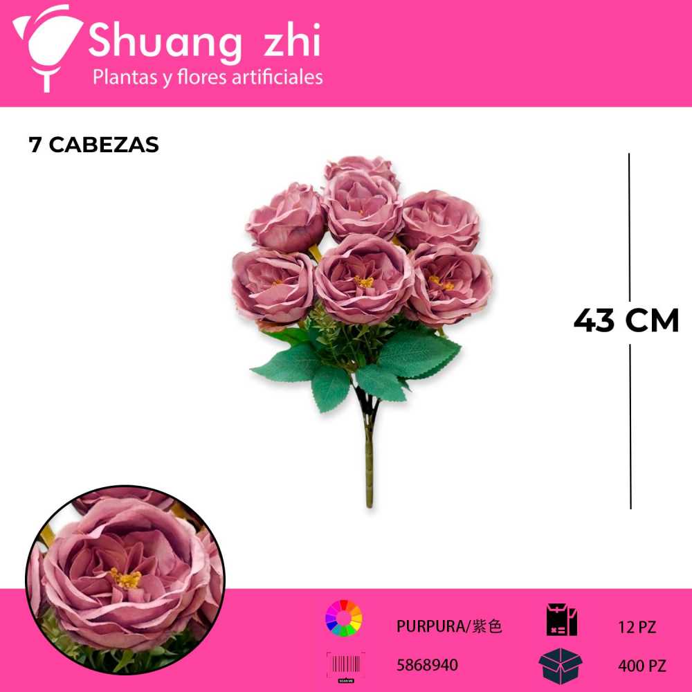 RAMO FLOR PEONIA PURPURA 43 CM 7 CABEZAS
