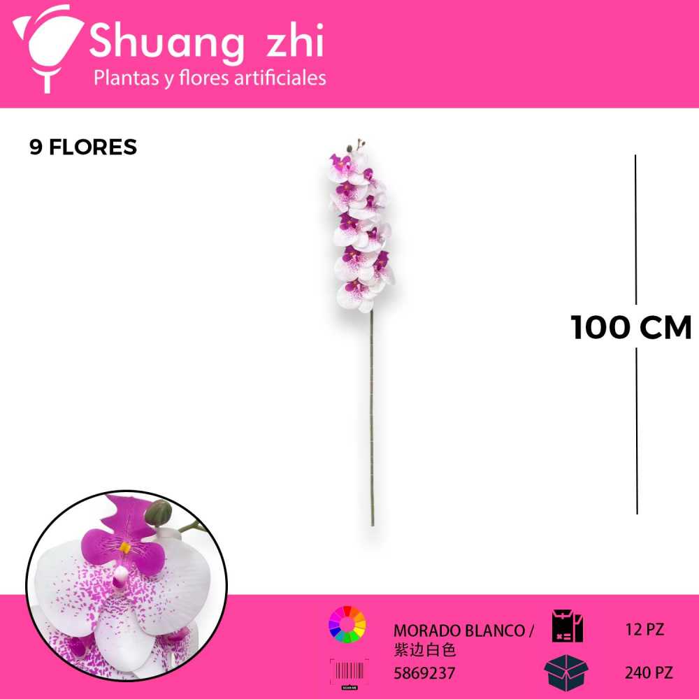 ORQUIDEA NATURAL TOUCH 9 FLORES BLANCO CON MORADO 100CM
