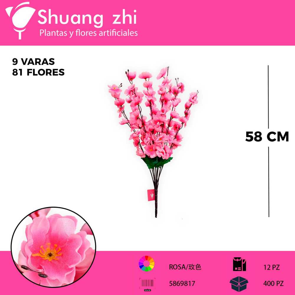 RAMO DE DURAZNO ROSA 9 VARAS 81 CABEZAS 58CM