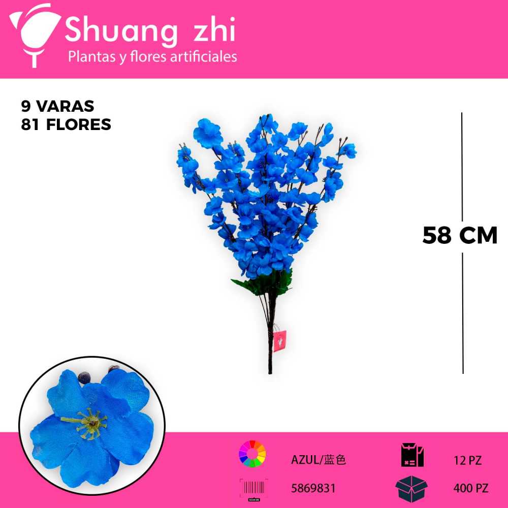 RAMO DE DURAZNO AZUL 9 VARAS 81 CABEZAS 58CM