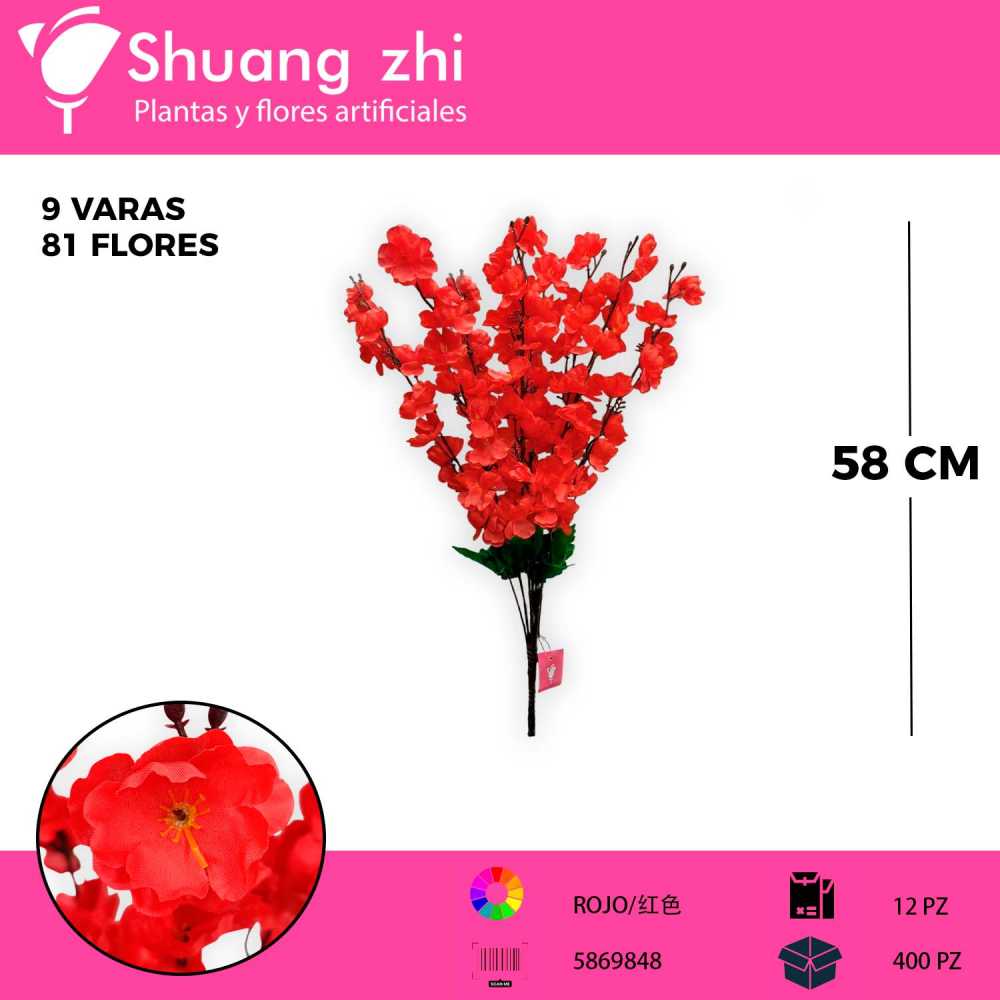 RAMO DE DURAZNO ROJO 9 VARAS 81 CABEZAS 58CM