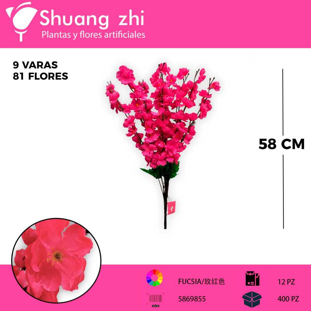 RAMO DE DURAZNO FUCSIA 9 VARAS 81 CABEZAS 58CM