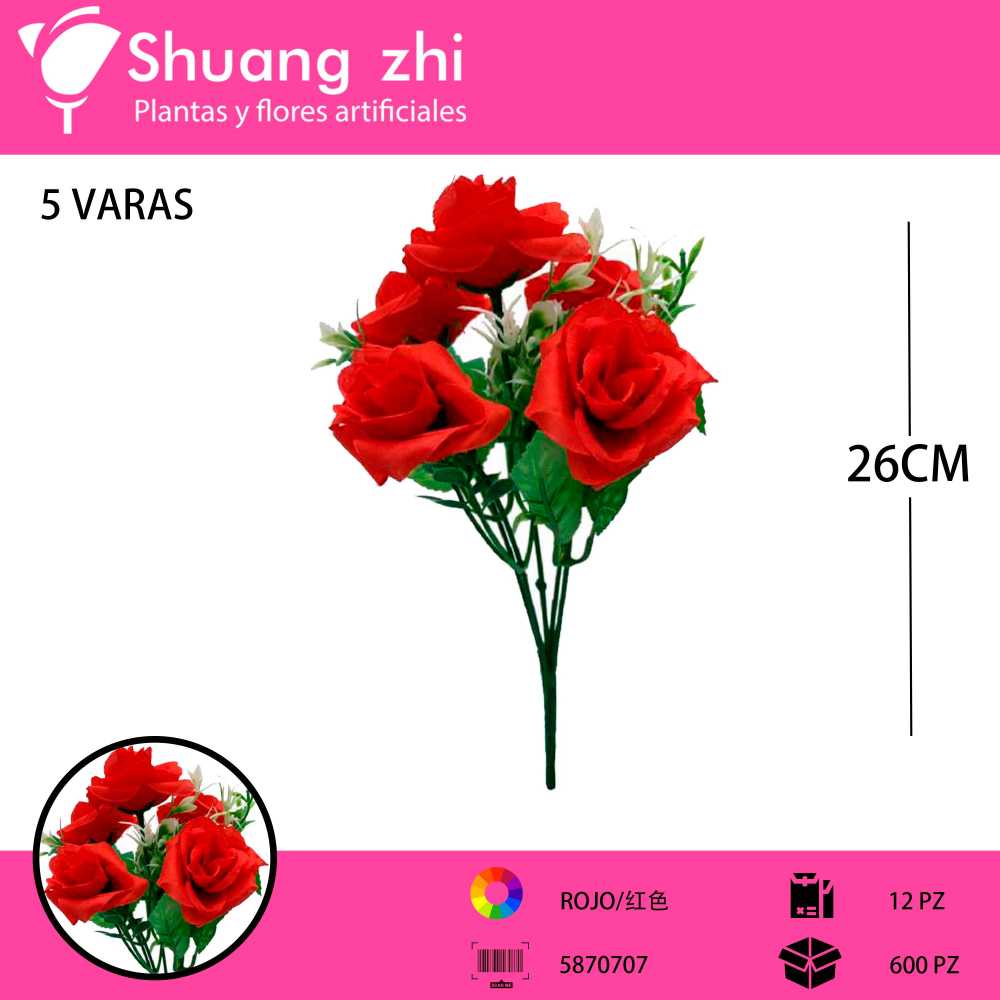 FLOR MINI 5 CABEZAS ROJO 26CM
