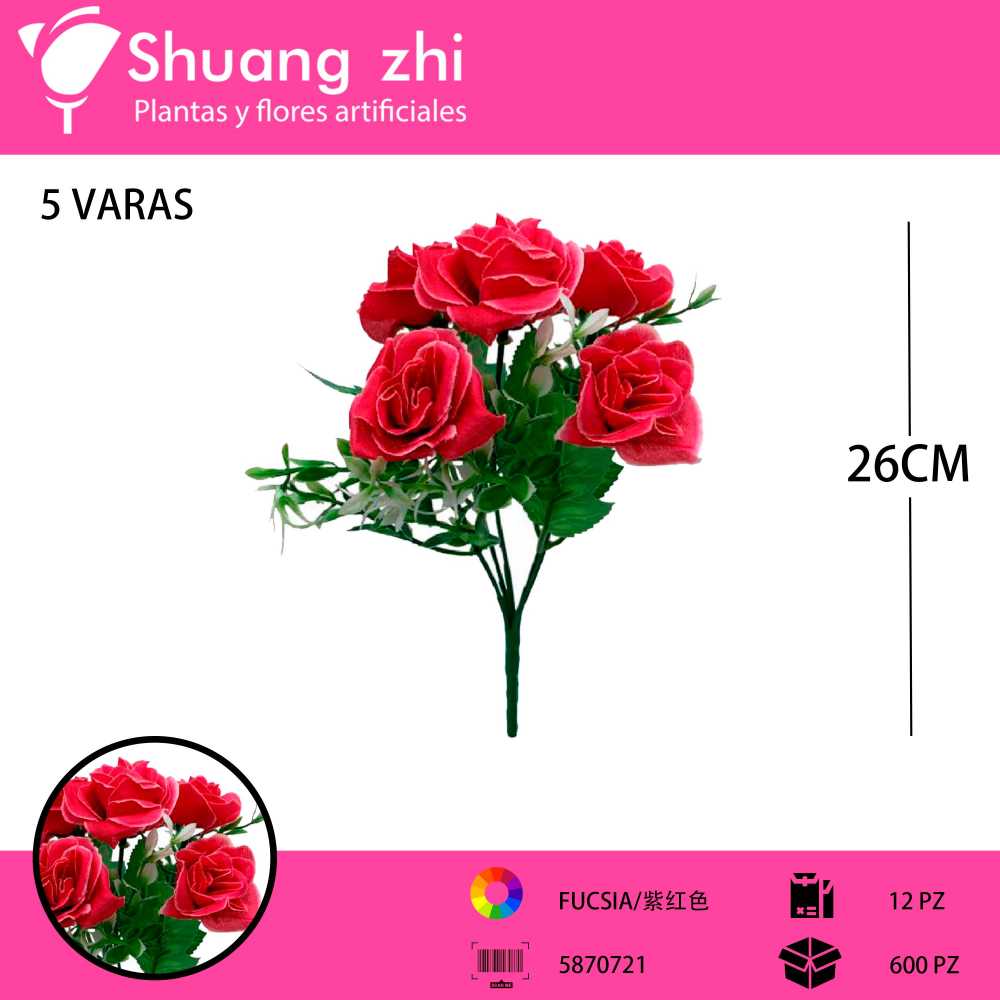 FLOR MINI 5 CABEZAS FUCSIA 26CM