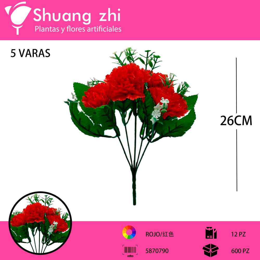 FLOR MINI 5 CABEZAS ROJO 26CM