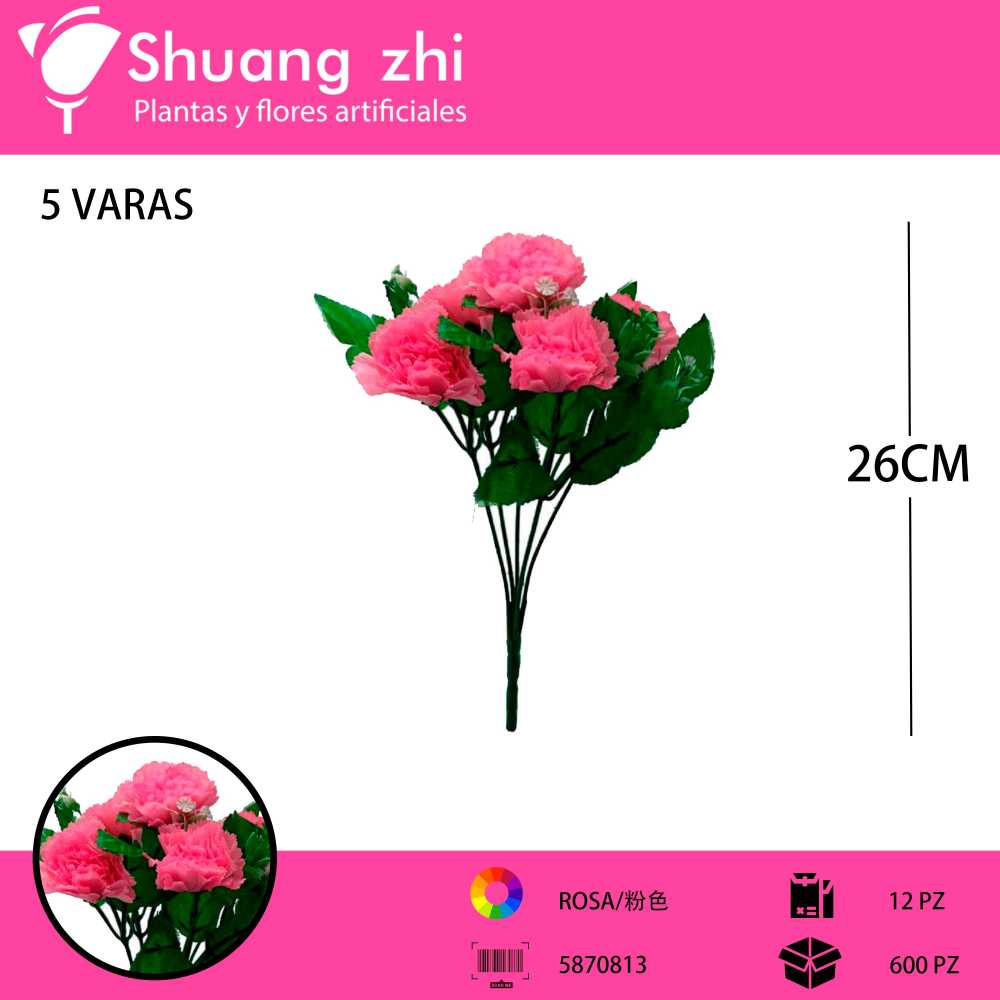 FLOR MINI 5 CABEZAS ROSA 26CM