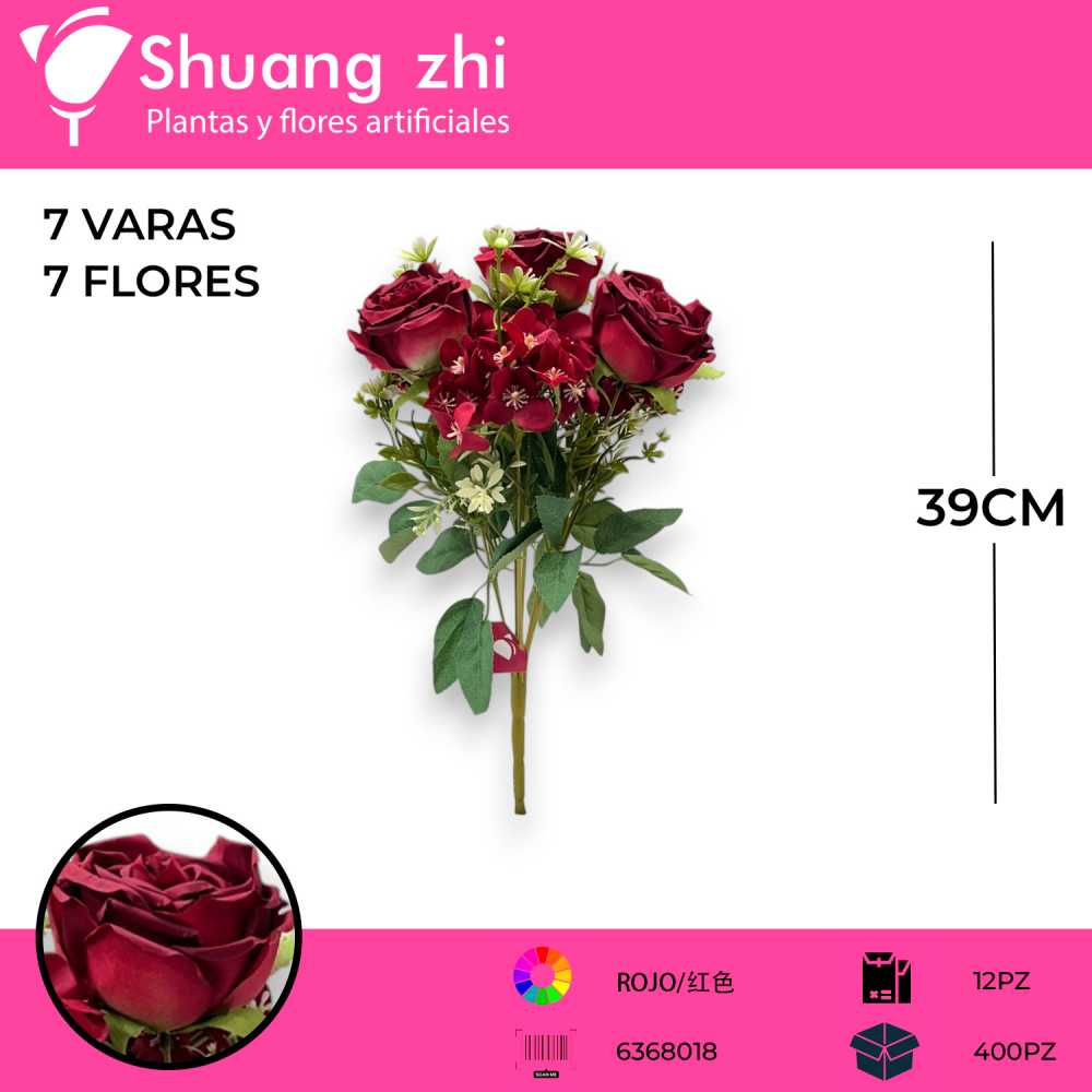 RAMO FLOR ROSA ROJO 39CM
