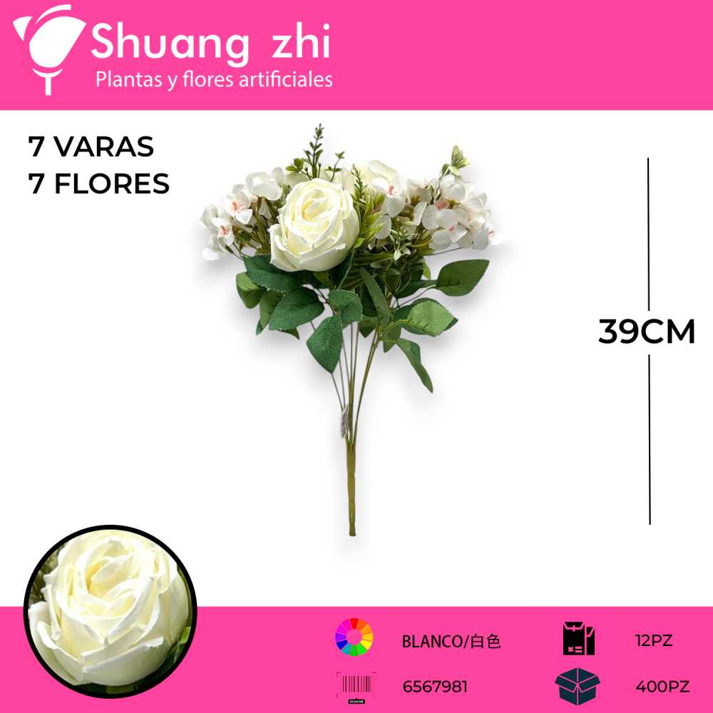 RAMO FLOR ROSA BLANCO 39CM