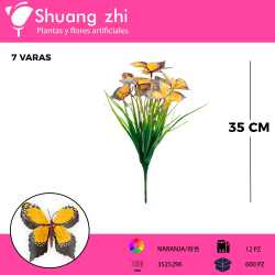 FOLLAJE CON MARIPOSA NARANJA 7 VARAS 35CM